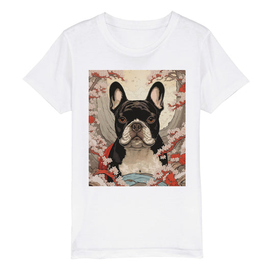 Økologisk T-shirt med rund hals til børn - Cherry Blossom French Bulldog