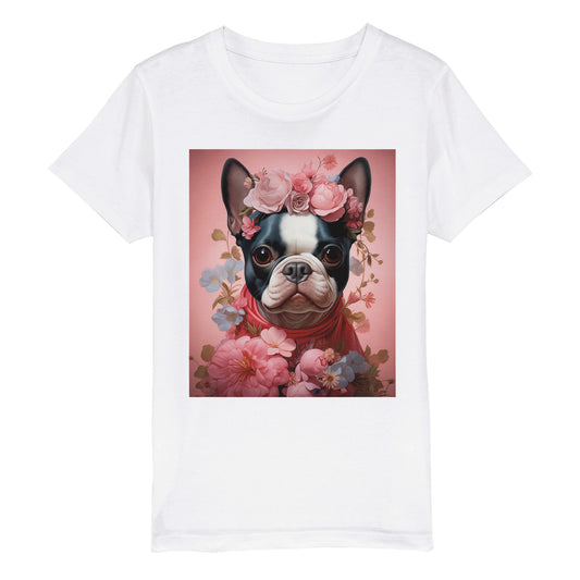 Økologisk Børne T-shirt med rund hals - Blomsterdekoration Fransk Bulldog