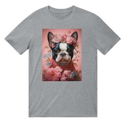 T-shirt med rund hals - fransk bulldog med blomsterdekoration