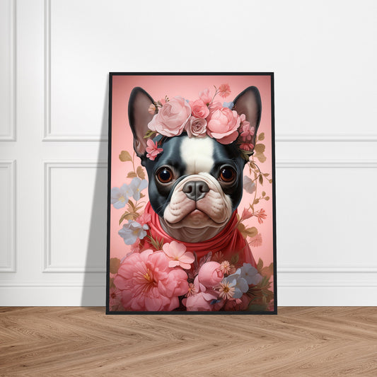 Træindrammet plakat - Blomsterdekoration Fransk Bulldog 