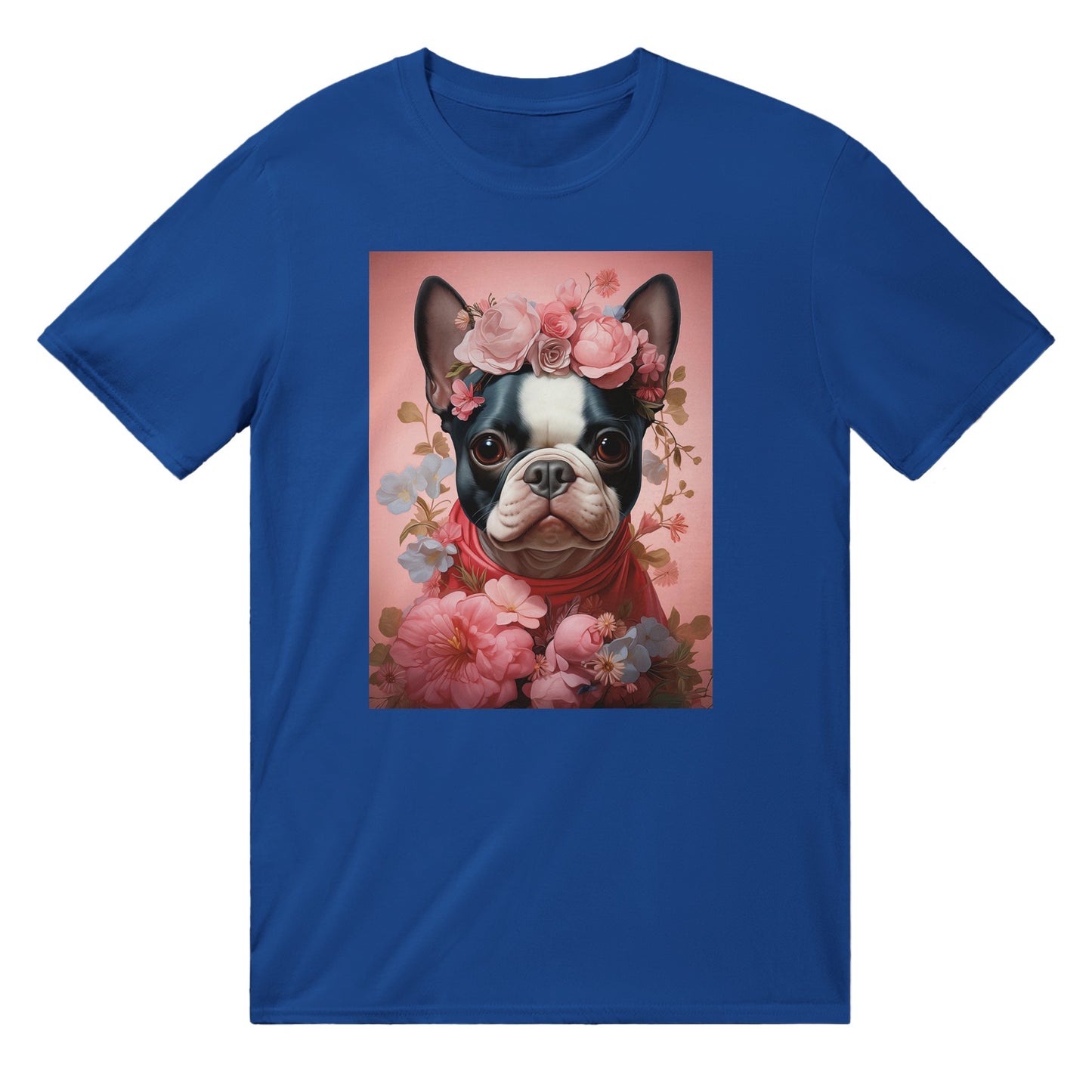 T-shirt med rund hals - fransk bulldog med blomsterdekoration
