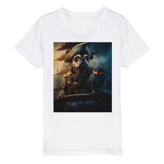Økologisk T-shirt med rund hals til børn - Fransk Bulldog Pirat