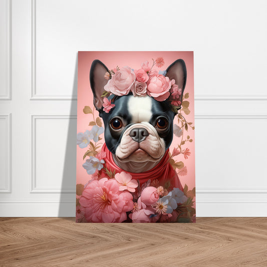 Aluminiumbild – Französische Bulldogge mit Blumenverzierung
