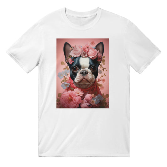 T-Shirt mit Rundhalsausschnitt – Französische Bulldogge mit Blumenverzierung 